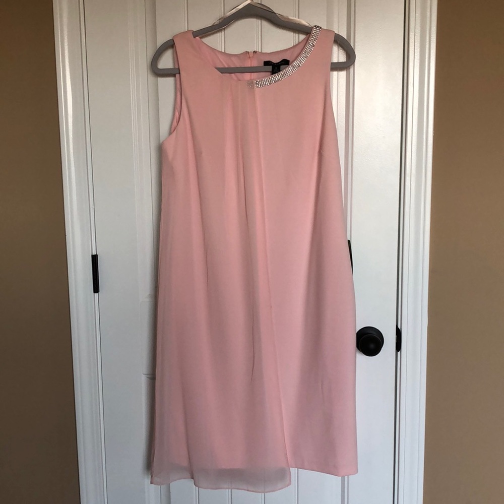 S.L. Fashions sequin neckline sleeveless dressy dress with sheer overlay, sz 14
